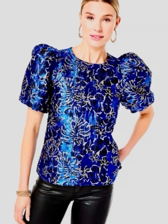 Lilly Pulitzer Tops - Lilly Pulitzer Pratt Brocade Top Blue Grotto Twilight Floral Gold Puff Sleeve S